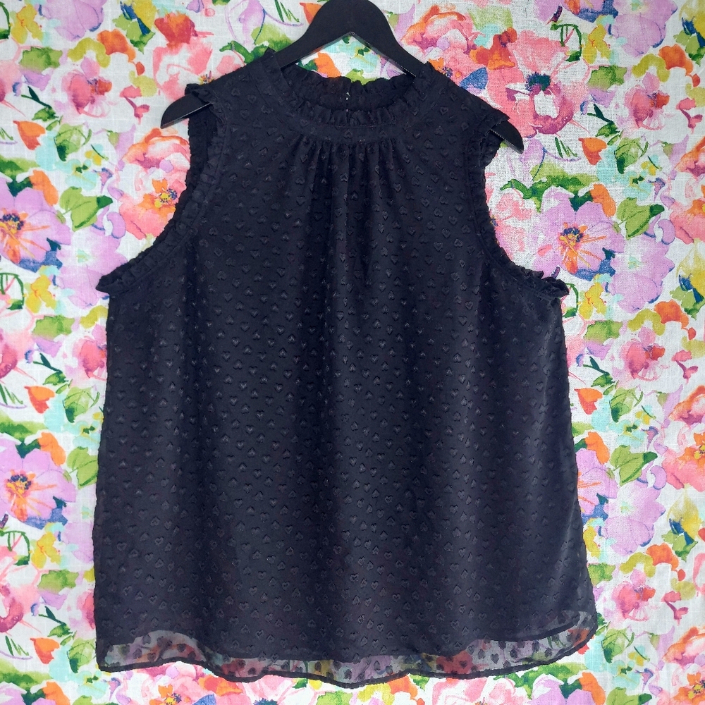 Torrid Heart Clip Dot Mock Neck Ruffle Sleeveless Blouse Black Plus Size 2X / 2